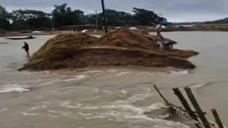 পাহাড়ি ঢলে বাঁধ ভেঙে পানি ঢুকছে হাওরে, বোরো ধান নিয়ে শঙ্কায় কৃষকরা